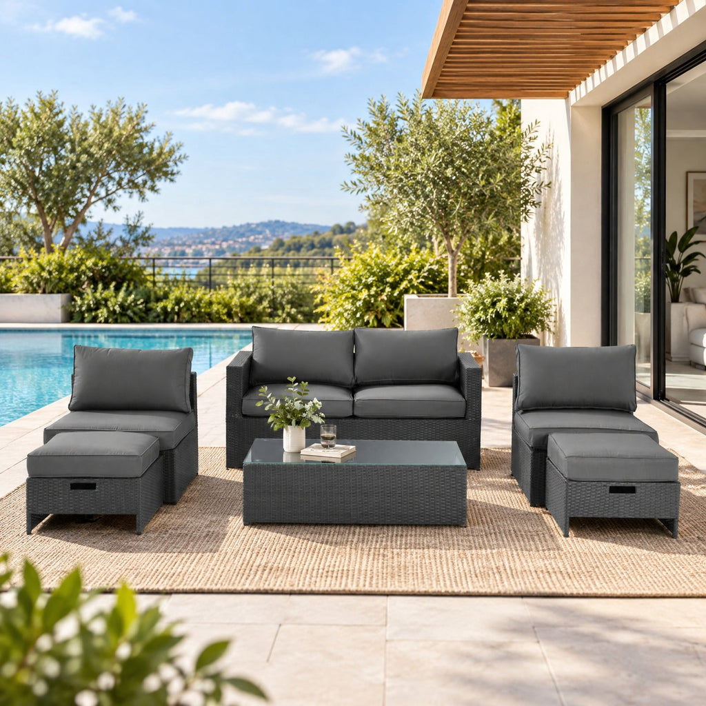 Airfind 6 Pieces Patio Rattan Furniture Set with Glass Table and Cushioned Seat, 530 lbs Capacity, Steel Frame, 60 x 28.5 x 25 Footprint, Gray