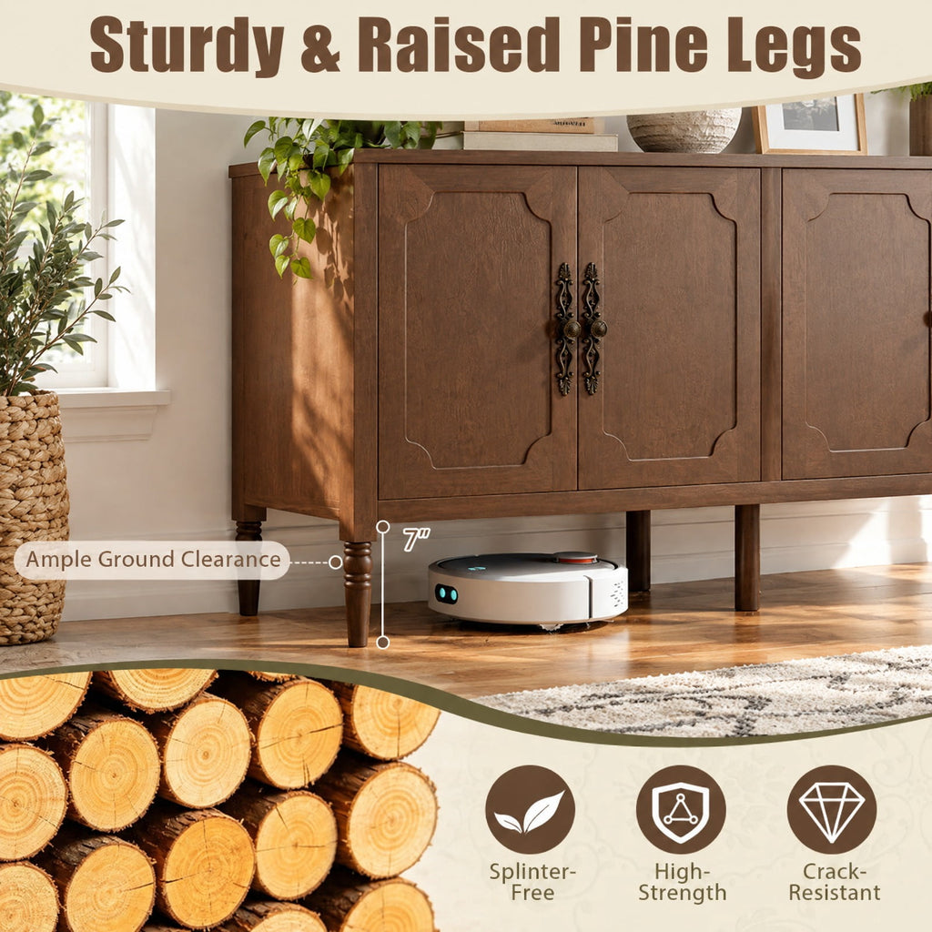 Airfind 58 Vintage Buffet Cabinet with Pine Wood Legs and Adjustable Shelves for Kitchen, 150 lbs Capacity, Engineered Wood Pine Wood Metal Frame