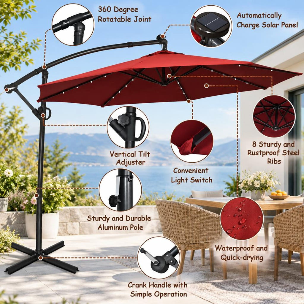 Airfind 10 ft 360° Rotation Solar Powered LED Patio Offset Umbrella without Weight Base, Steel aluminum polyester fabric Frame, 10 x 7.5 Footprint