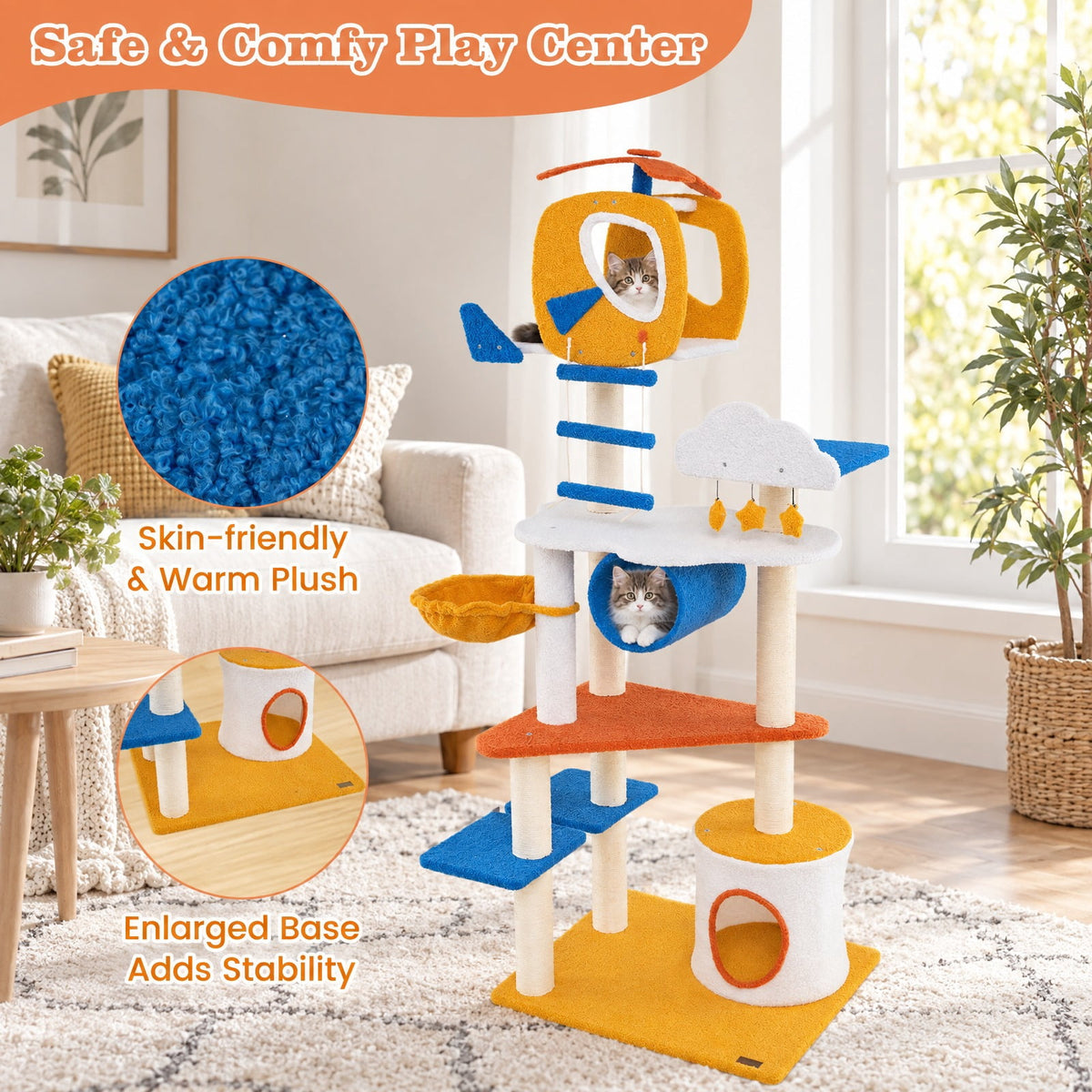 Airfind 70 Inch Tall Aviation-themed Cat Tree with Helicopter Top Perch and Platforms, 22 lbs Capacity, Engineered Wood Sisal Teddy Fleece Frame