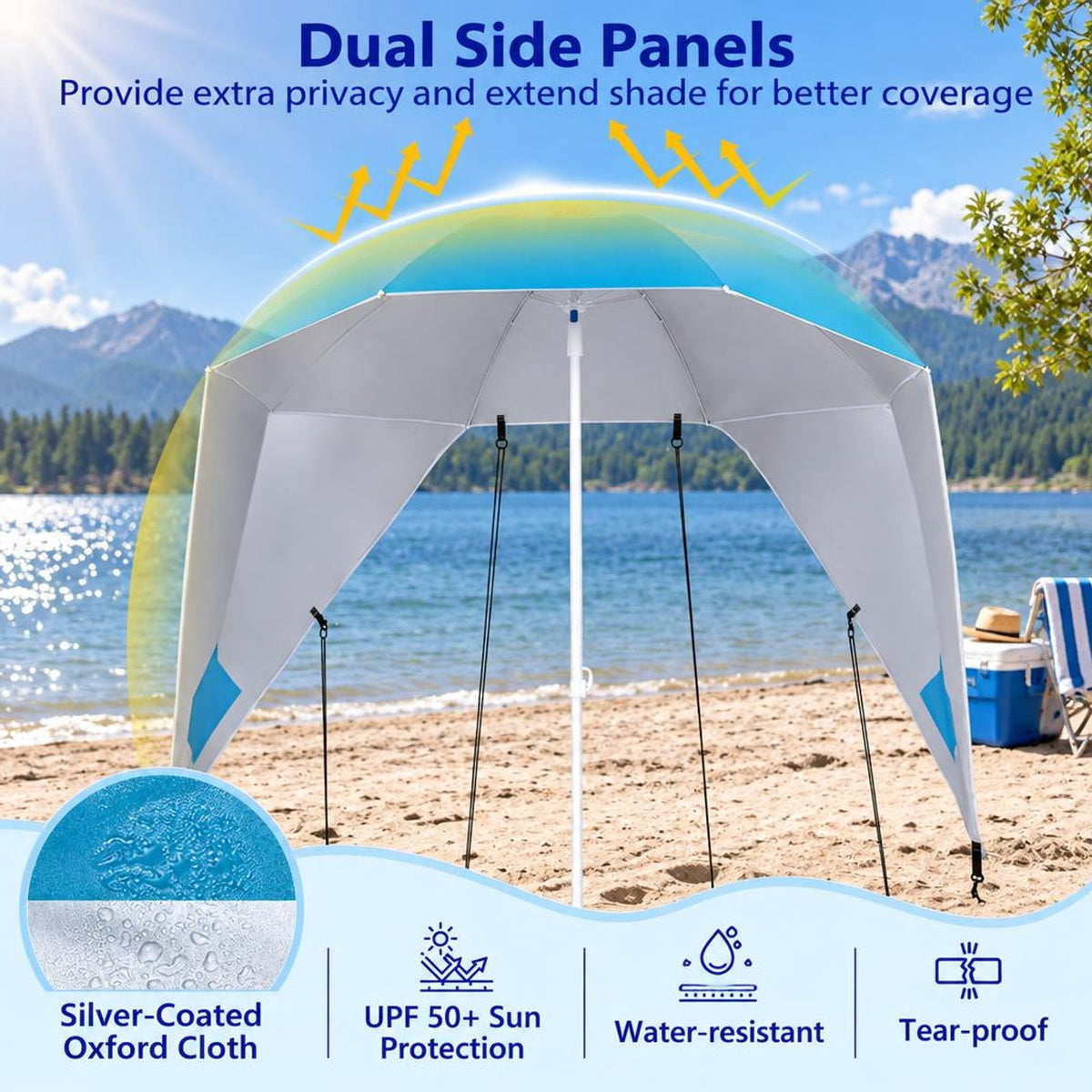 Airfind 2-in-1 Beach Shelter Umbrella UPF 50+ with Side Panels for Camping Picnic, Oxford Cloth Fiberglass Pole Metal PP Frame, Turquoise