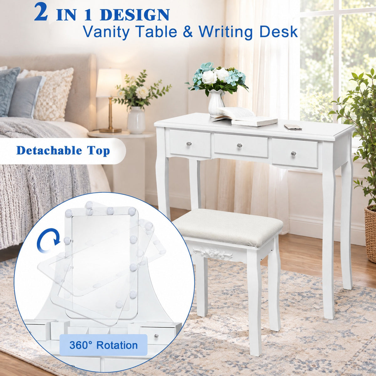 Airfind 10 Dimmable Light Bulbs Vanity Dressing Table with 2 Dividers and Cushioned Stool, 286 lbs Capacity, MDF Frame, White