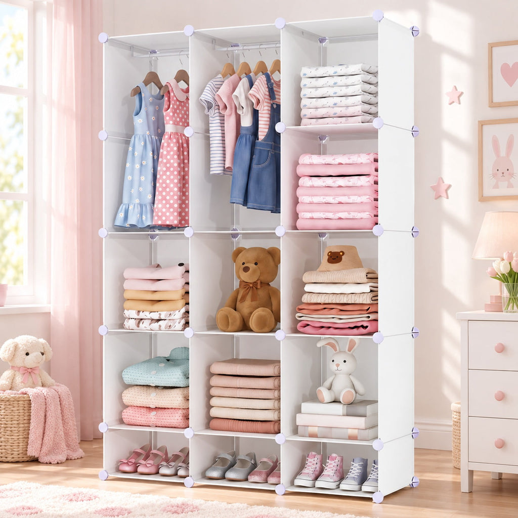 Airfind Modular Baby Wardrobe with 13 Cubes and Hanging Rod and Shelves Stackable, 6.5 lbs Capacity, PP Frame, 43 x 14 x 63 Footprint, White