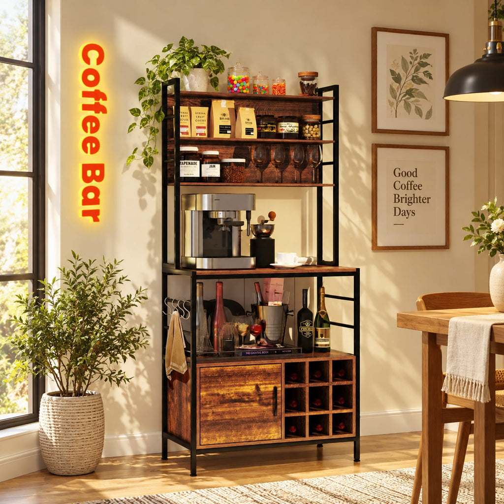 Airfind Coffee Bar Cabinet with S-Shaped Hooks and Wine Bottle Holders, Upper Shelf 44 lbs Capacity, Engineered Wood Metal Frame, Coffee