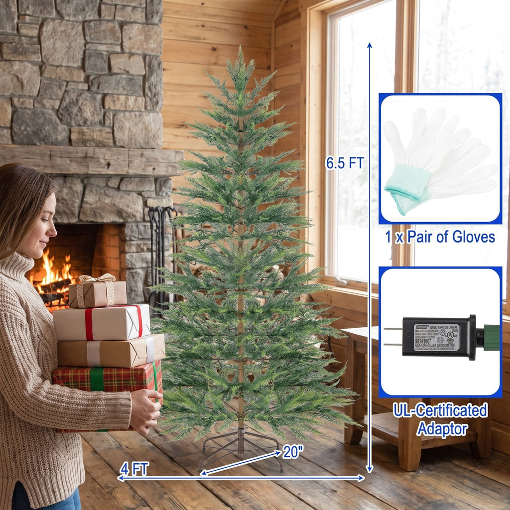 Airfind 6.5/7.5 Feet Artificial Cypress Christmas Tree Pre-lit Hinged-6.5 ft, PE Metal Tree Height 6.5 ft/7.5 ft Tree Width 4 ft Frame, Green