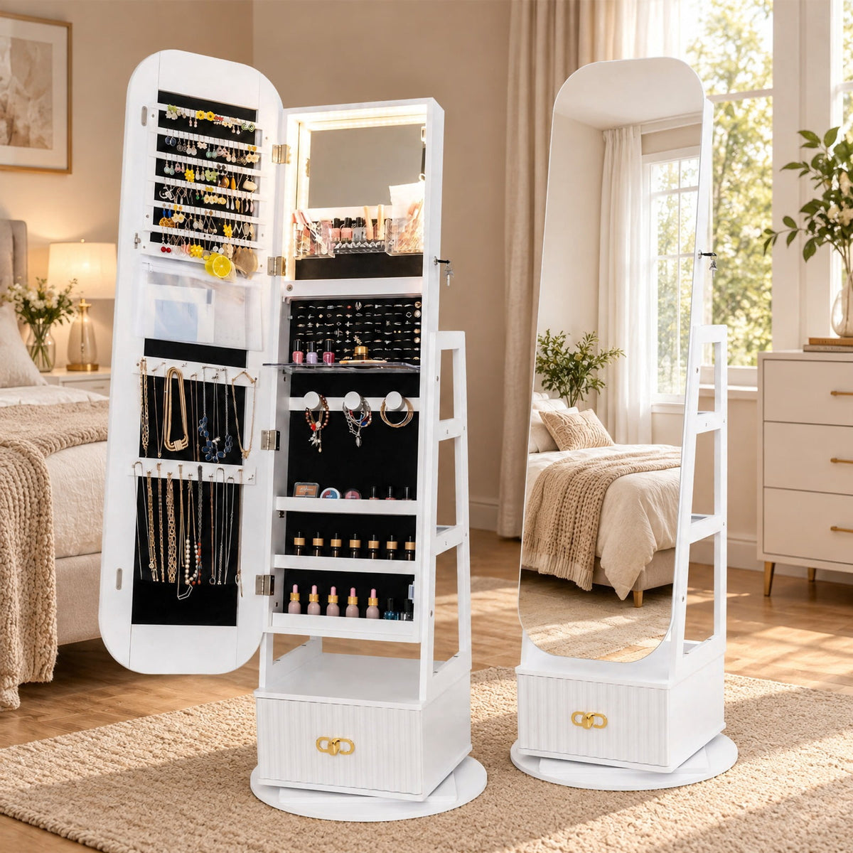 Airfind Swivel Jewelry Cabinet with Full-Length Mirror and LED Lights and Storage Shelves, Engineered Wood Frame, 22in x 22in x 65in Footprint, White