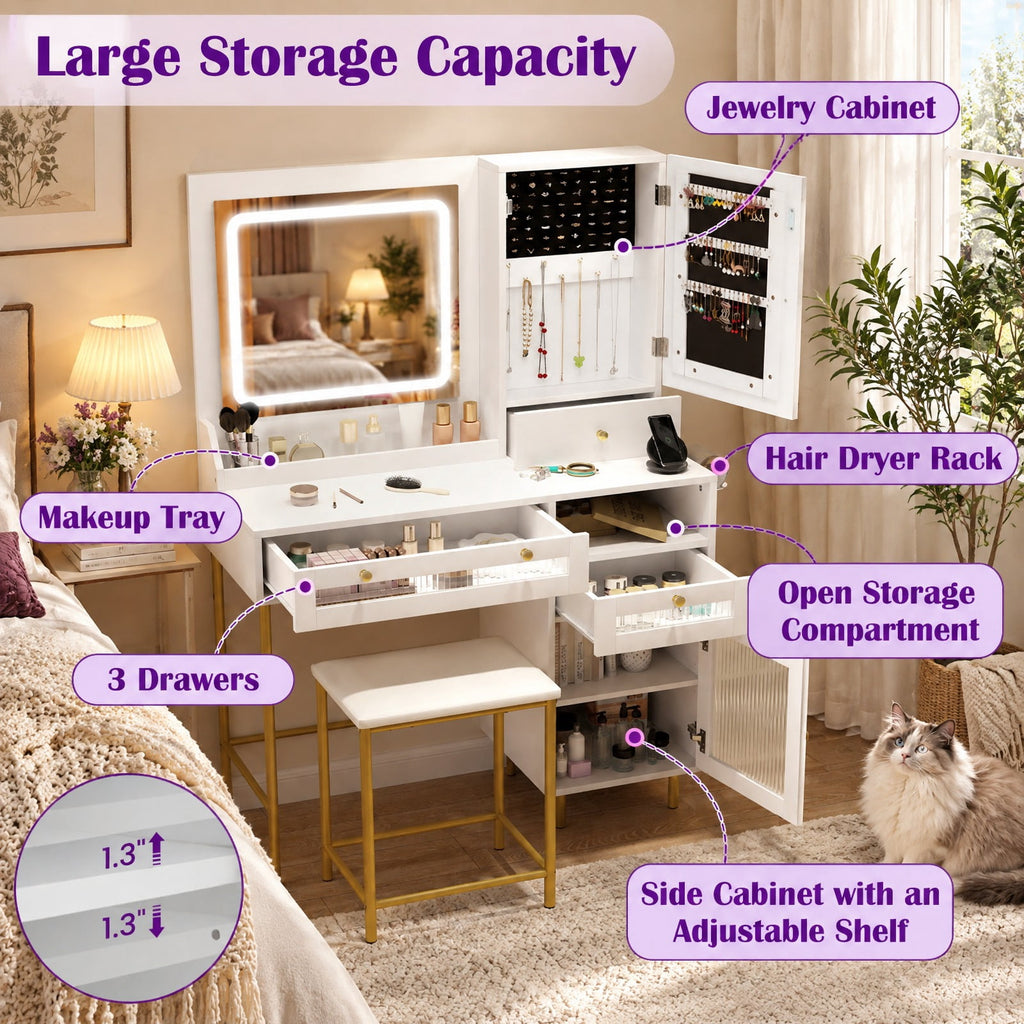 Airfind Modern Makeup Vanity Desk with Mirror and Lights and Stool Set, 110 lbs Capacity, Engineered Wood Frame, 38in x 15.5in x 53.5in Footprint