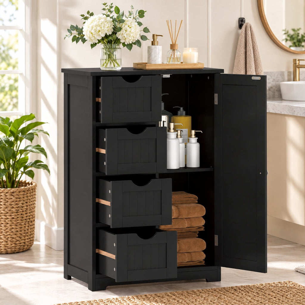Airfind Standing Indoor Wooden Cabinet with 4 Drawers, 143 lbs Capacity, MDF Engineered Wood Frame, 21.5 Inch x 12 Inch x 32.5 Inch Footprint, Black