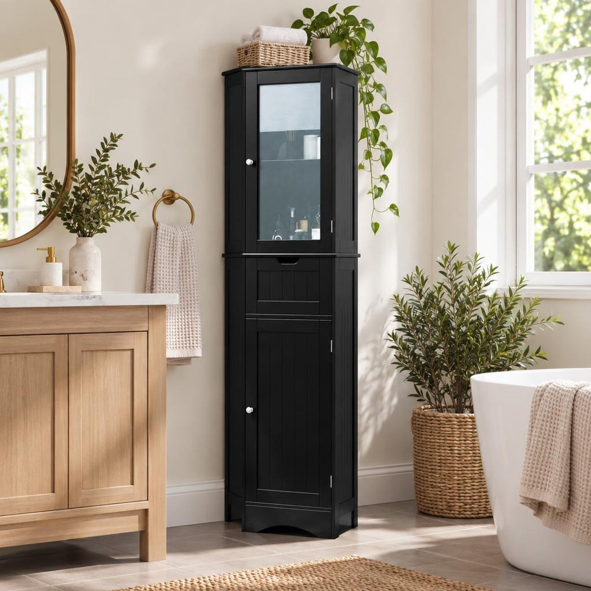 Airfind Tall Floor Storage Cabinet with 2 Doors and 1 Drawer for Bathroom, MDF Tempered Glass Frame, 16in x 12in x 67in Footprint, Black