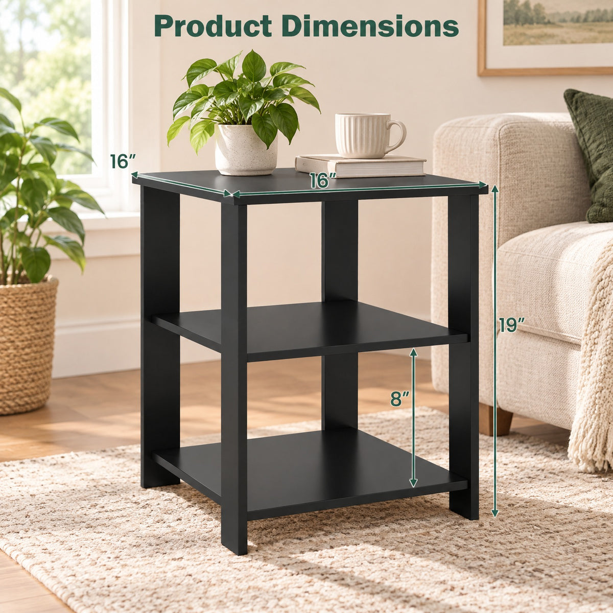 Airfind 3-Tier Modern Nightstand Square Side Table with Open Storage Shelves Set of 2, 66 lbs Capacity, Engineered Wood Frame, Black