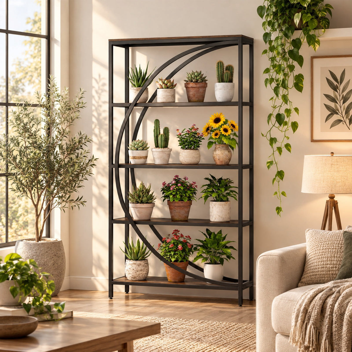 Airfind 5-Tier Bookshelf with Half-Moon Shape for Living Room and Home Office, 88 lbs Capacity, Engineered Wood Metal Frame, Brown