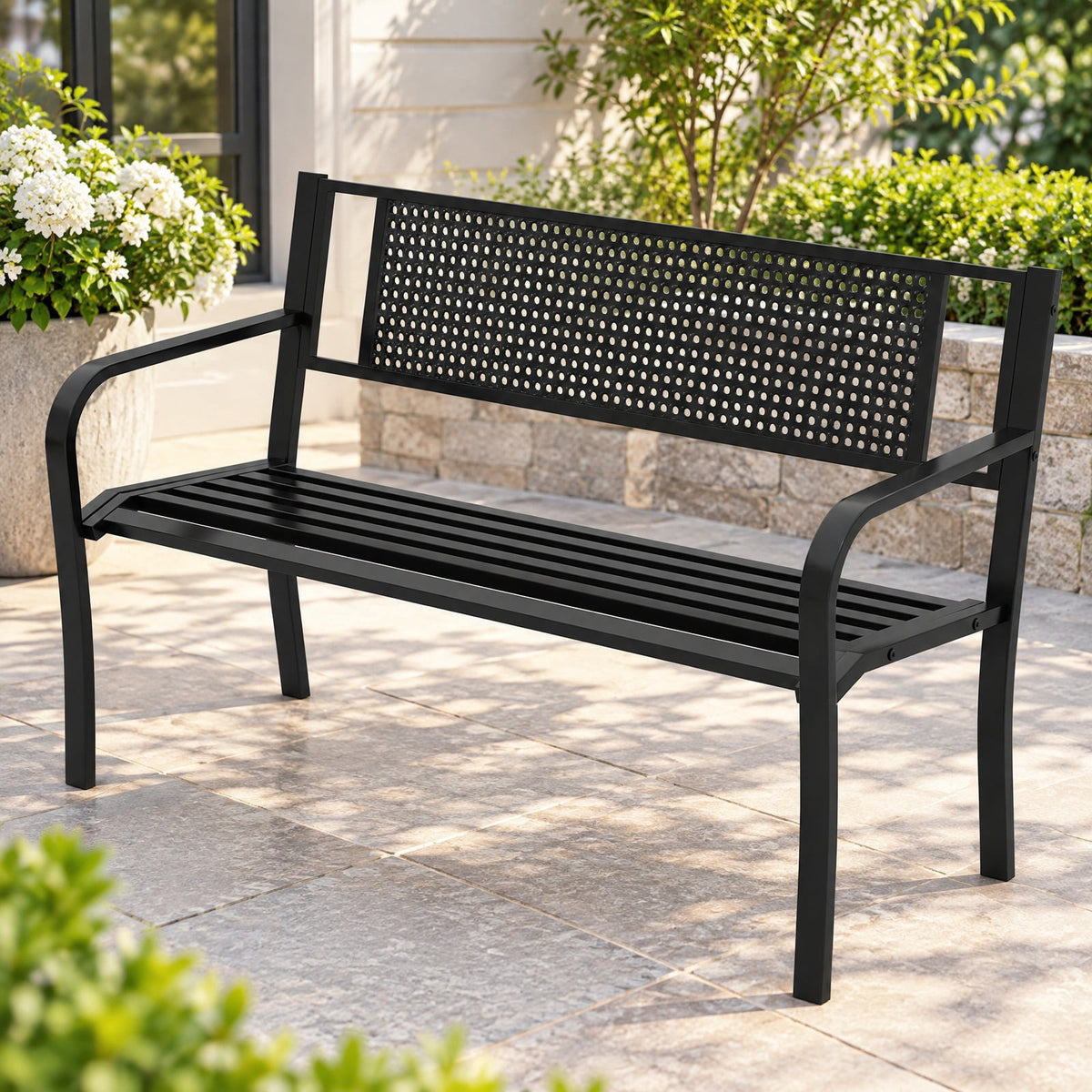 Airfind 50 Inches Garden Bench with Patterned Backrest and Curved Armrests, 660 lbs Capacity, Metal Frame, 50 × 23 × 32 Footprint, Black