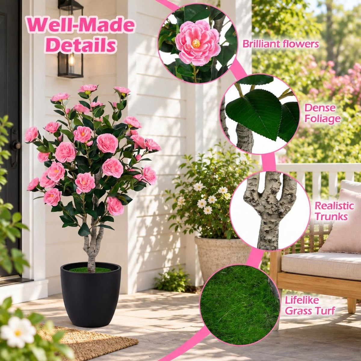 Airfind Set of 2 39.5 Artificial Camellia Tree with Orange Blossoms in Cement Pot for Decoration, Pink
