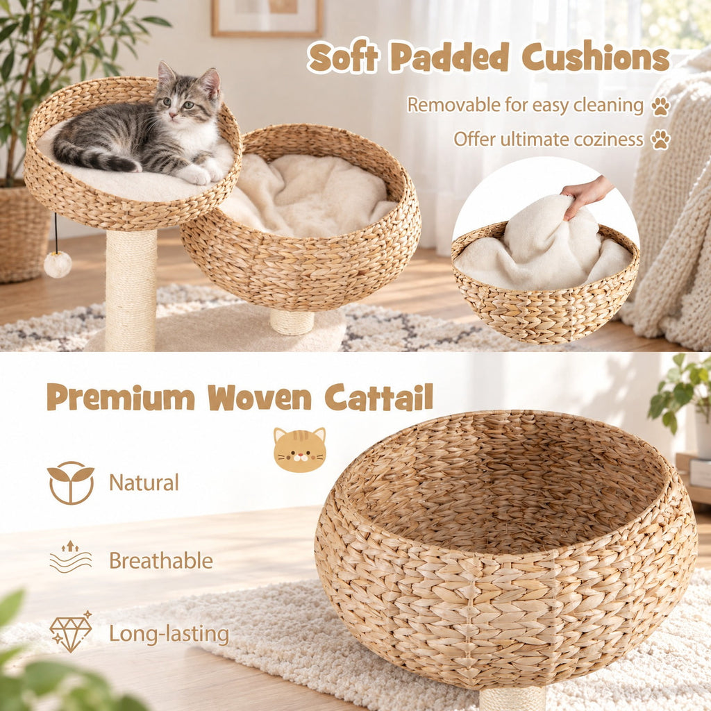 Airfind 41 Inch Rattan Cat Tree with Napping Perch, Water hyacinth straw sisal rope particle board Frame, White