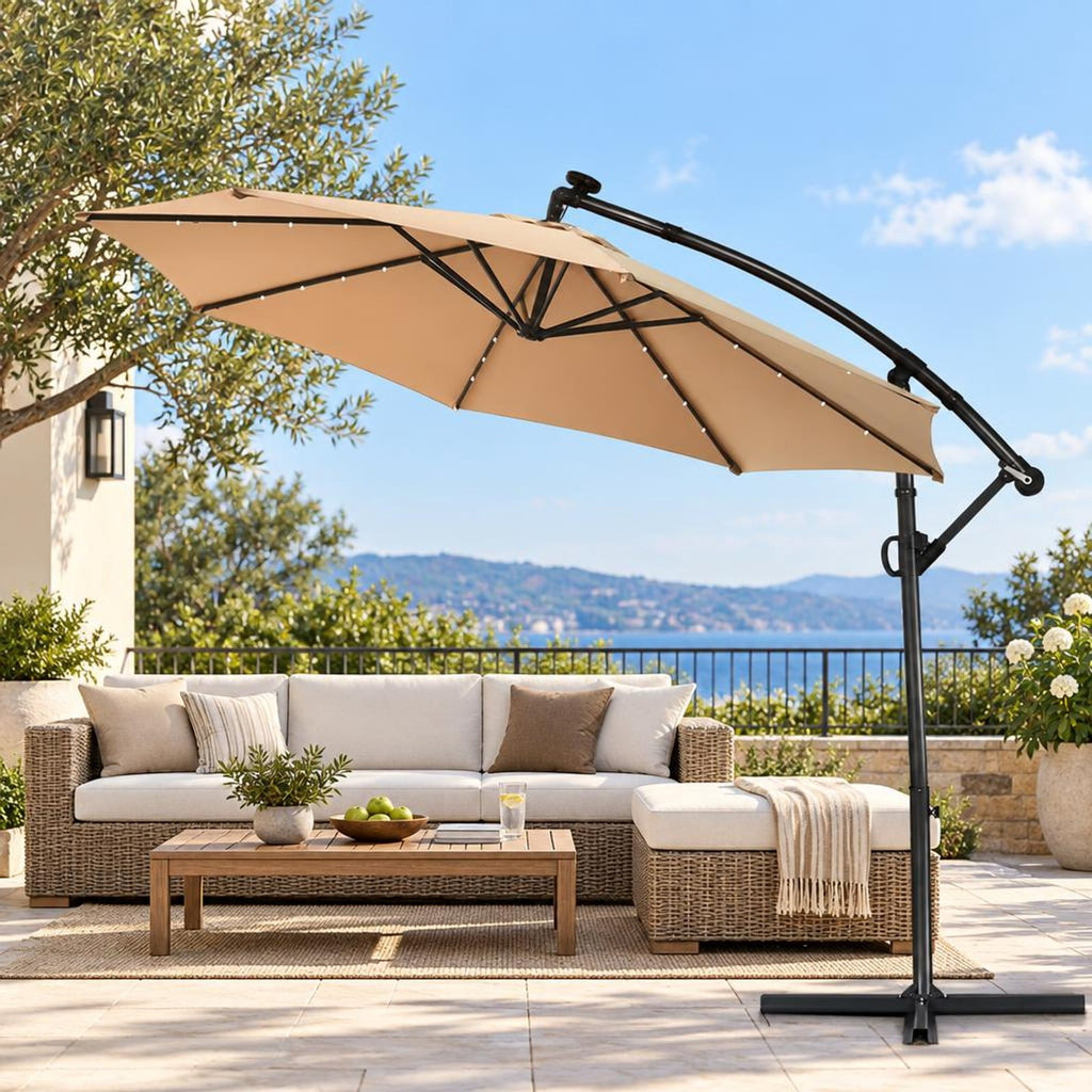 Airfind 10 ft 360° Rotation Solar Powered LED Patio Offset Umbrella without Weight Base, Steel aluminum polyester fabric Frame, 10 x 7.5 Footprint