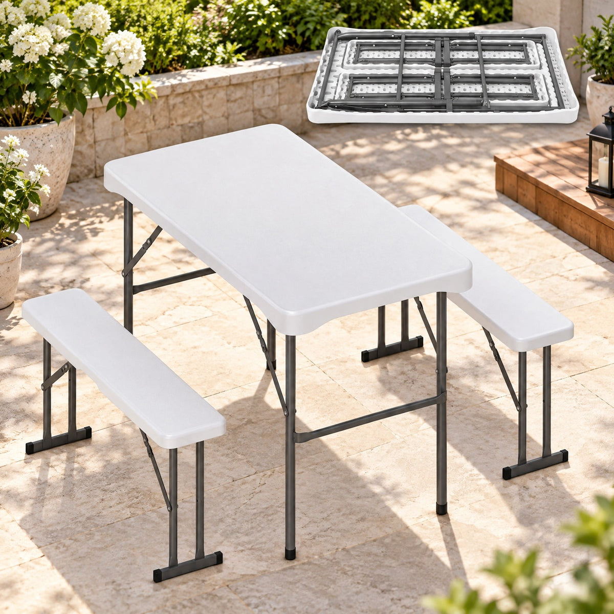 Airfind 44 Inch HDPE Folding Picnic Table Set with 2 Benches, 110 lbs Capacity, HDPE Metal Frame, 44 Inch x 24 Inch x28 Inch Footprint, White