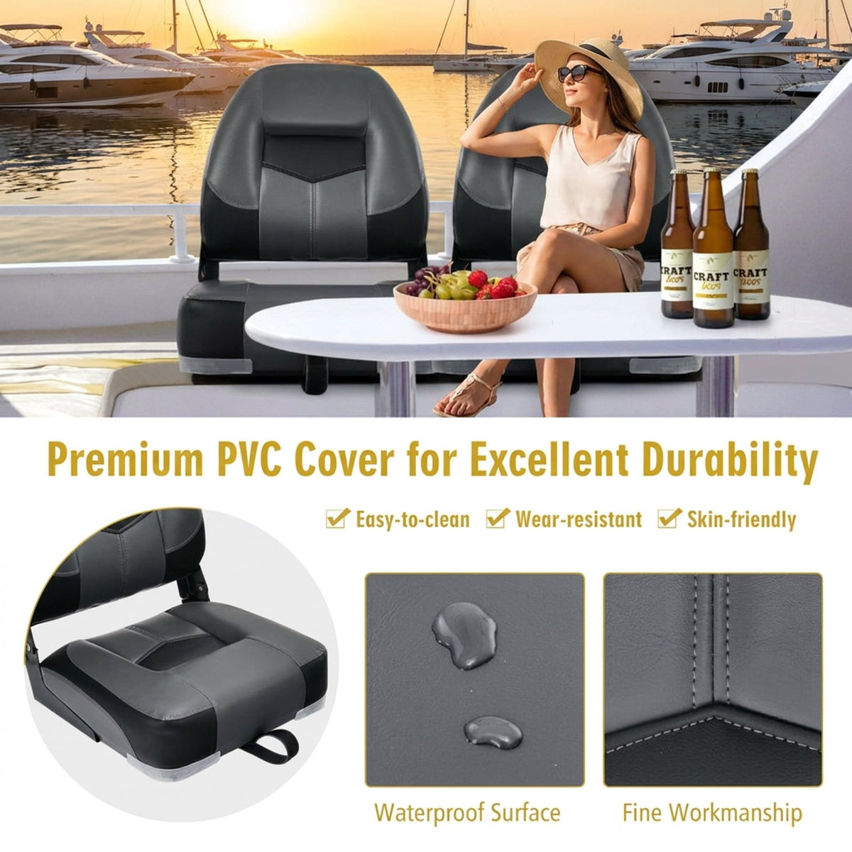 Airfind Set of 2 Folding Low Back Fishing Boat Seats with 4.3 Inch Padding and Stainless Steel Screws, Weatherproof Marine Seats, Black