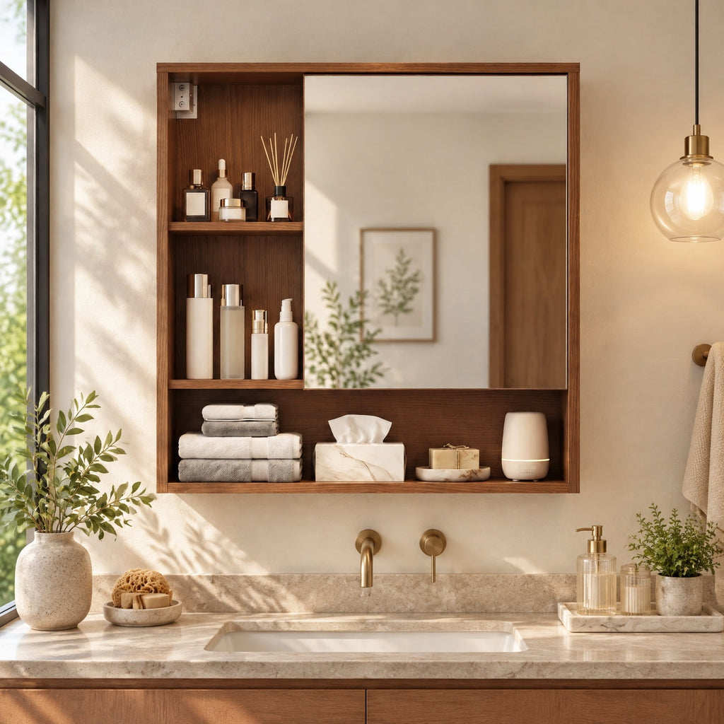 Airfind Wall-Mounted Mirror Cabinet with 2 Hidden Shelves and 3 Open Compartments, 22 lbs Capacity, Engineered Wood Frame, 22 x 6 x 24 Footprint