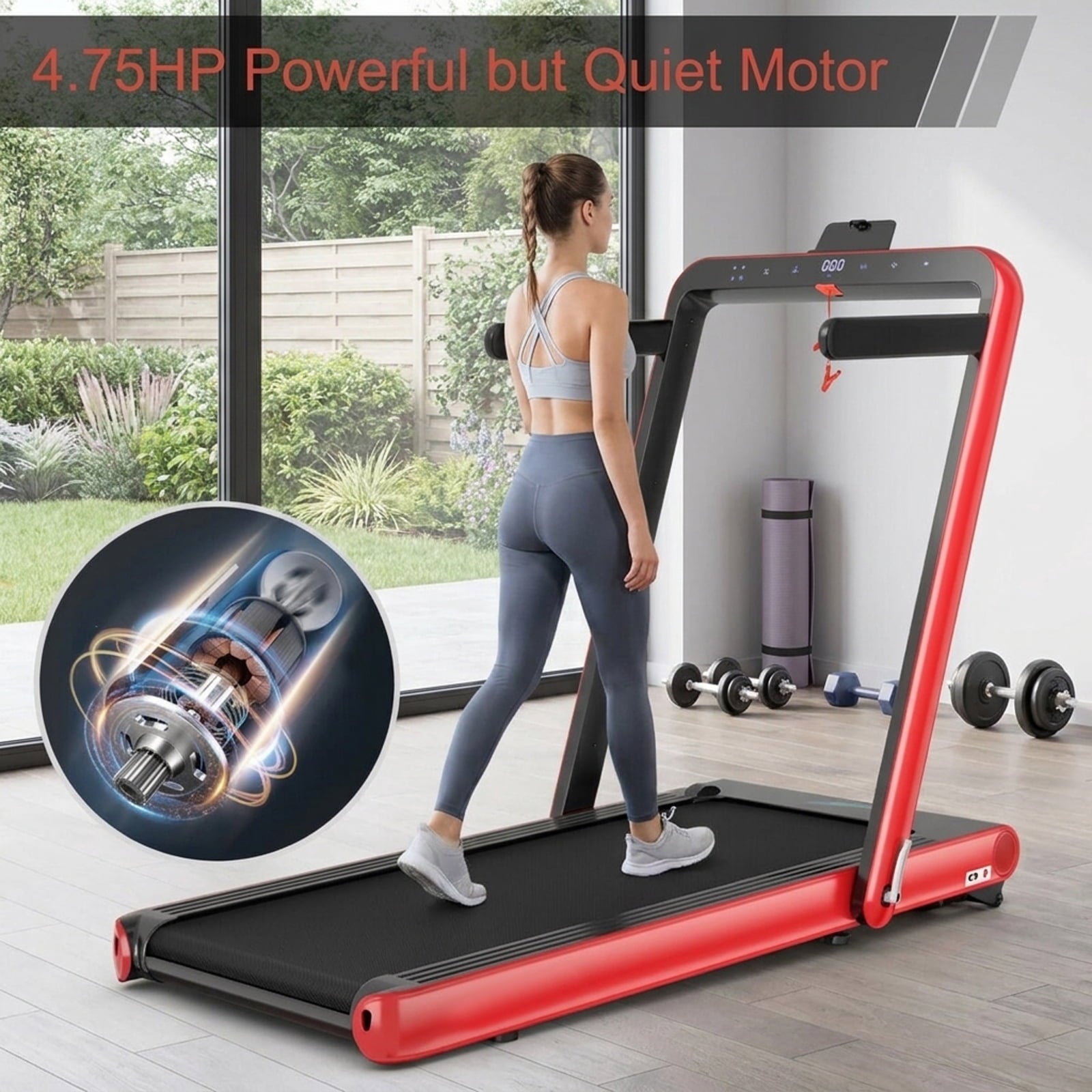 Airfind 4.75HP 2-in-1 Walk-to-Run Folding Treadmill with APP Sync, Red