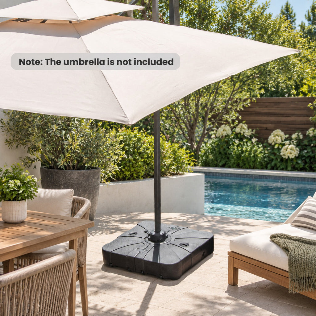 Airfind 260 lbs Offset Patio Umbrella Base with Wheels Sand Water Filled, HDPE Frame, Black, Overall Dimensions 33.5 x 33.5 x 8 (L