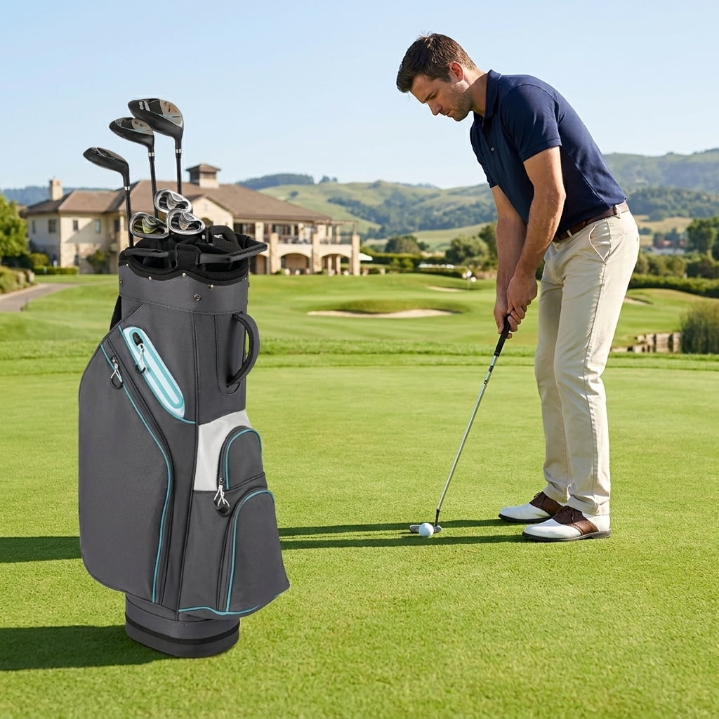 Airfind 10.5 in Golf Stand Bag with 14-Way Dividers and 7 Zippered Pockets featuring a rain hood with towel rings and dual carry straps for walking rounds, Gray