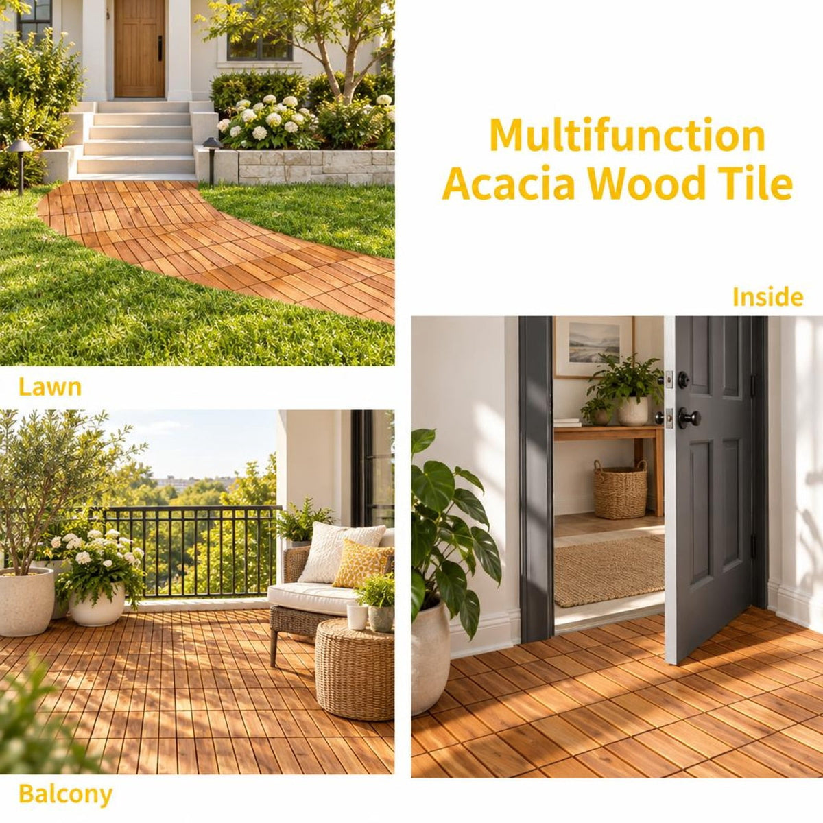 Airfind 27 Pieces Acacia Wood Interlocking Patio Deck Tile, Acacia Wood Plastic, 12 Inch X 12 Inch X 1 Inch (l X W X L) Covering Area: 27 Sq.ft, Natural