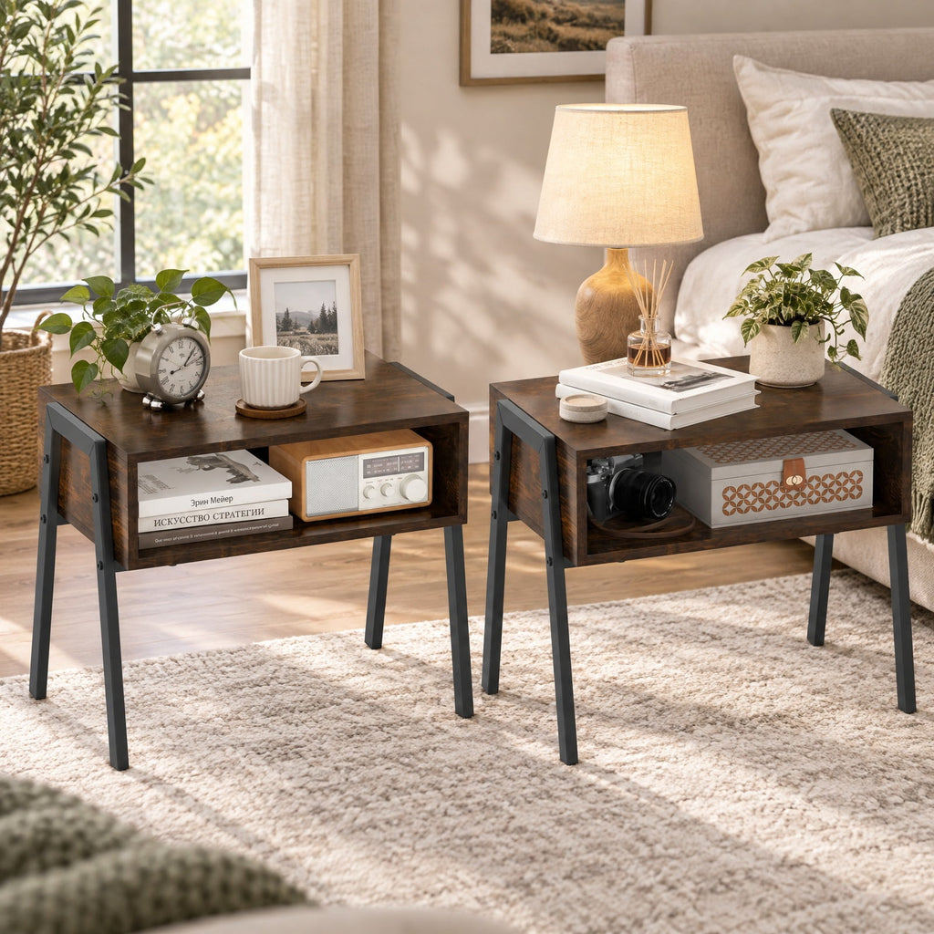 Airfind 2 Pieces Stackable Night Stand Bedside End Table Set, 66 lbs Capacity, Steel Frame, 21 x 14 x 18 Footprint, Brown