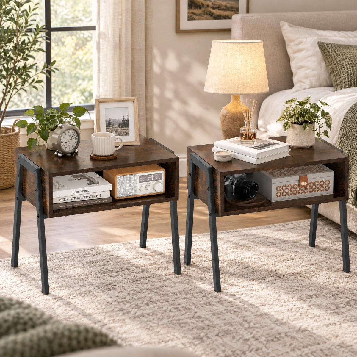 Airfind 2 Pieces Stackable Night Stand Bedside End Table Set, 66 lbs Capacity, Steel Frame, 21 x 14 x 18 Footprint, Brown
