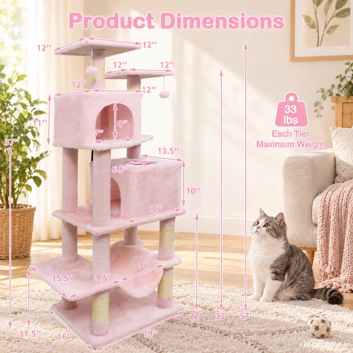 Airfind 57 Inch Cat Tree with Dual Condos and Hammock and 2 Dangling Balls, 29 x 16 Footprint, Pink