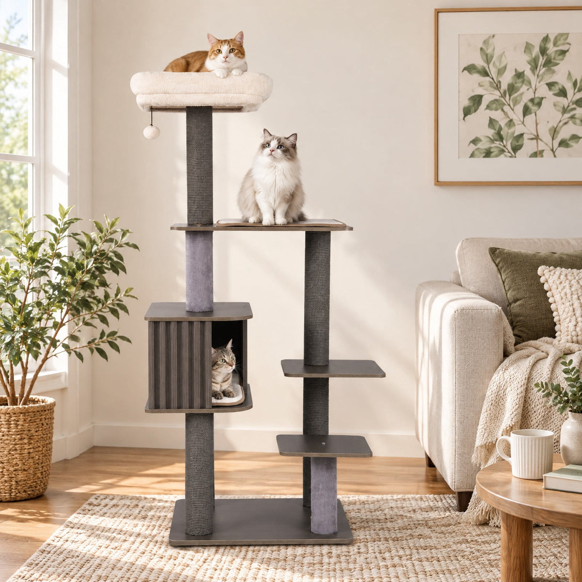 Airfind Multi-level Cat Tree for Indoor Cat 59.5 inch Tall Cat Tower with Cushion Top Perch, 23 Inch x 19 Inch Cat Condo Footprint, Gray