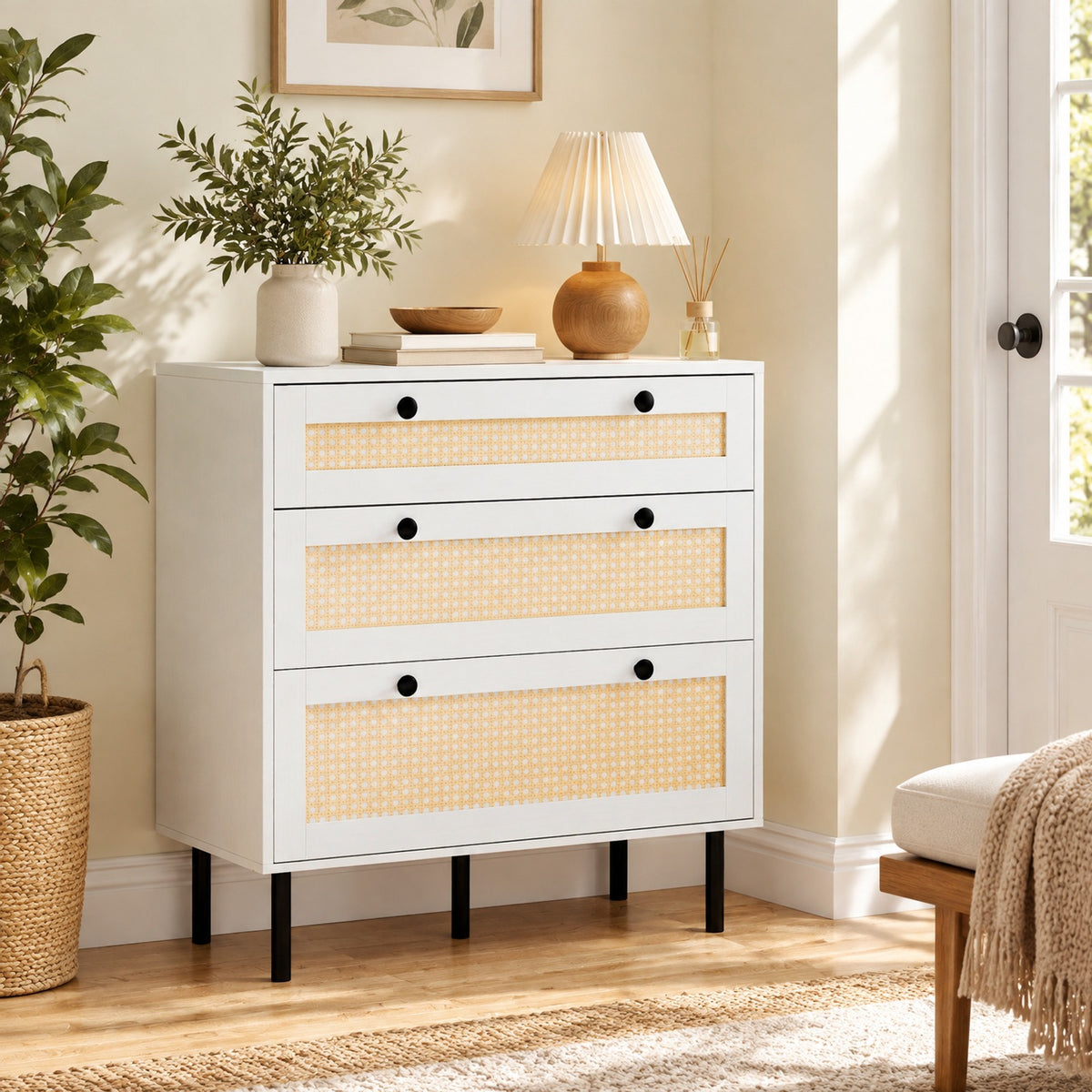 Airfind 3-Drawer Rattan Nightstand Boho Chest of Drawers for Bedroom, 66 lbs Capacity, Engineered Wood MDF Metal Frame, 29.5 x 14 x 31 Footprint