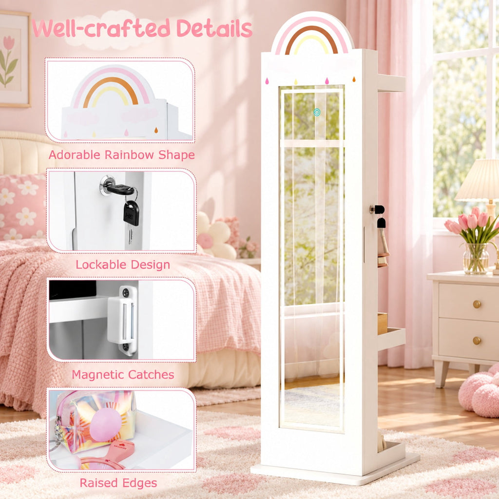 Airfind 3 In 1 Kids Jewelry Cabinet Freestanding Jewelry Armoire with 3-Color Lighted Mirror, MDF Glass Acrylic Frame, White