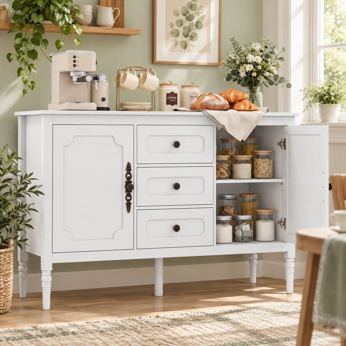 Airfind 47 Inch Vintage Buffet Cabinet with 3 Drawers 2 Cabinets and Adjustable Shelves for Dining Room, 110 Lbs Capacity, 47 Inch X 15.5 Inch X 31.5 Inch, White