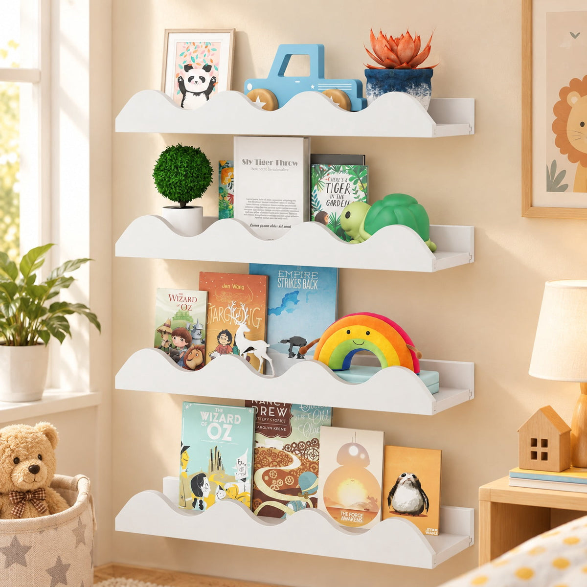 Airfind 16 Inch Kids Bookshelf Set of 4 Floating Nursery Book Shelves for Decoration Book Toy Storage, 11 lbs Capacity, Fir Wood Frame, White