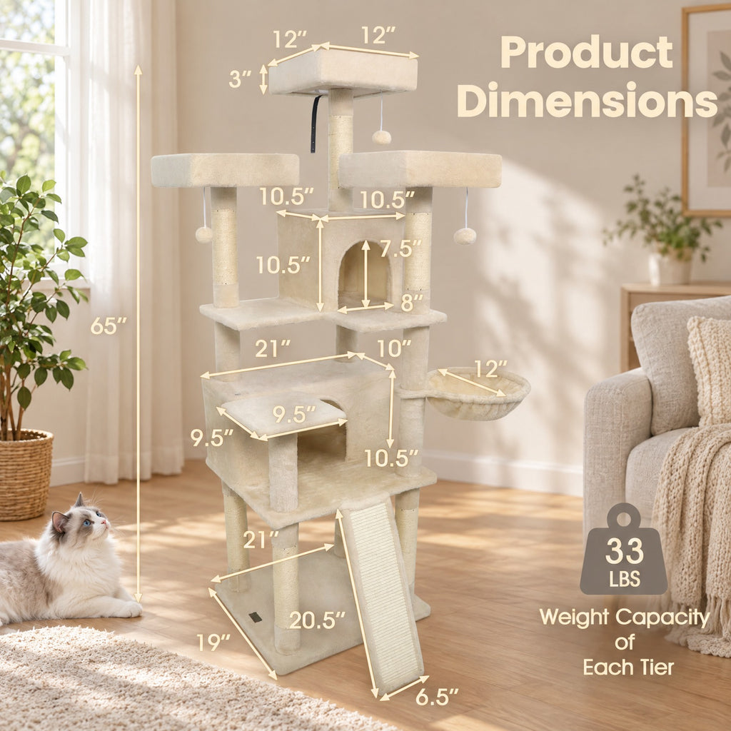 Airfind 65 Inch Tall Multi-level Cat Tree with 3 Upholstered Perch and 2 Cat Condos, Fabric Sisal Engineered Wood Overall Height 65 Inch Base Frame