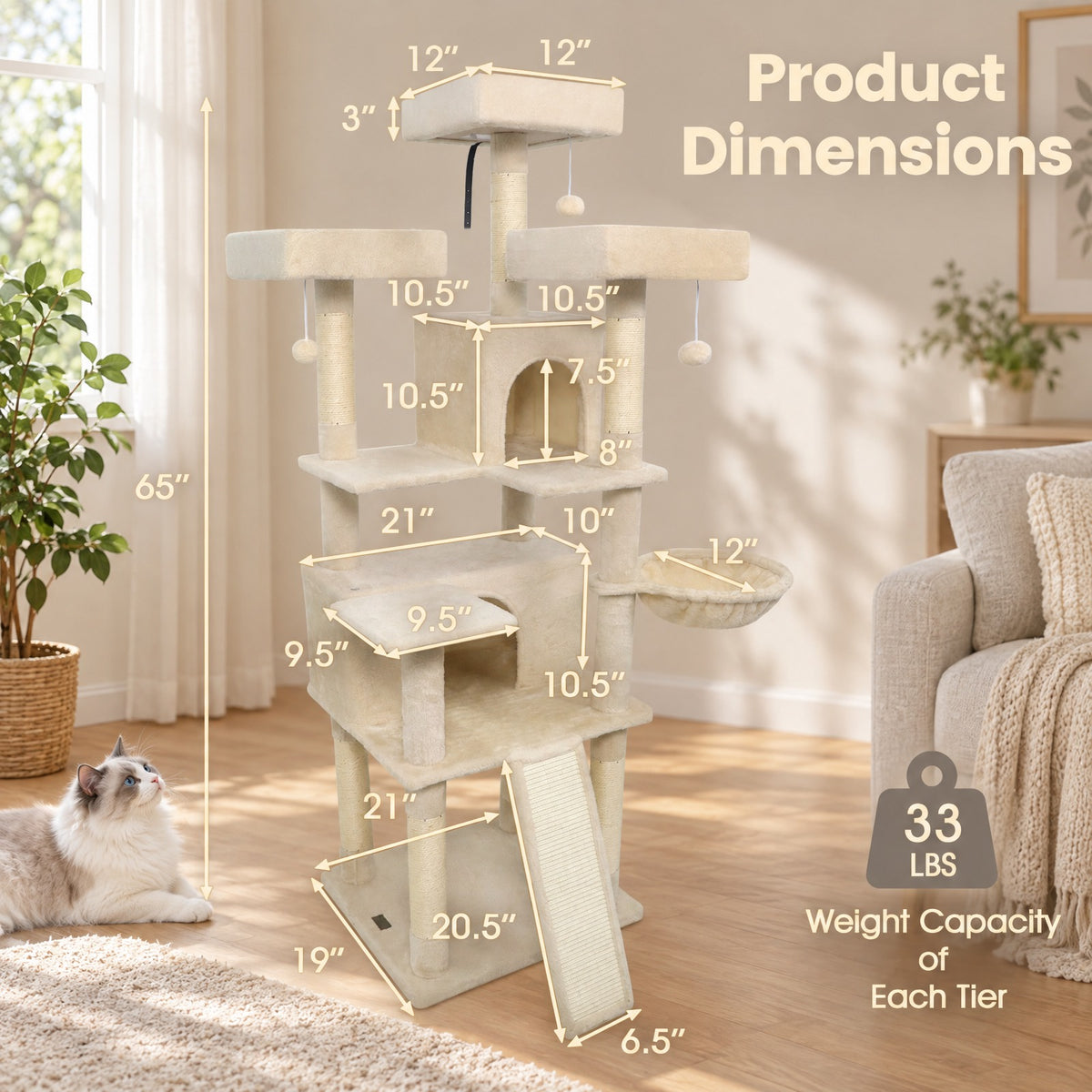 Airfind 65 Inch Tall Multi-level Cat Tree with 3 Upholstered Perch and 2 Cat Condos, Fabric Sisal Engineered Wood Overall Height 65 Inch Base Frame