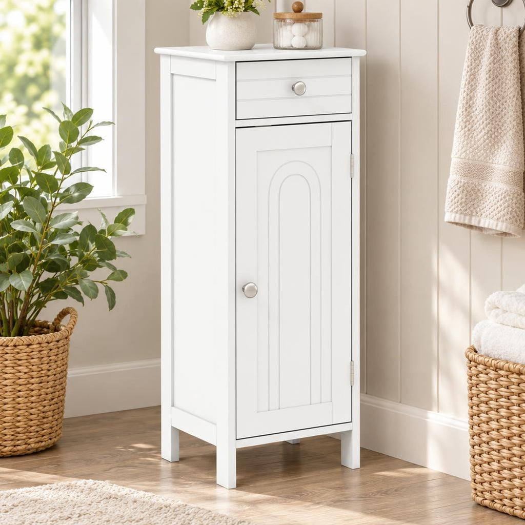 Airfind Wooden Storage Free-Standing Floor Cabinet with Drawer and Shelf, 132 lbs Capacity, MDF Frame, 14in x 12in x 34.5in Footprint, White