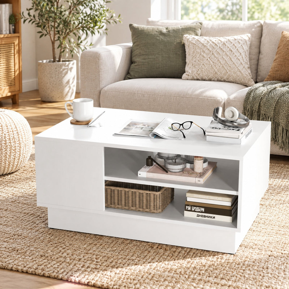 Airfind Modern Coffee Table with 2-Tier Open Storage Shelves, 132 lbs Capacity, Engineered Wood Frame, 34 x 22 x 16 Footprint, White