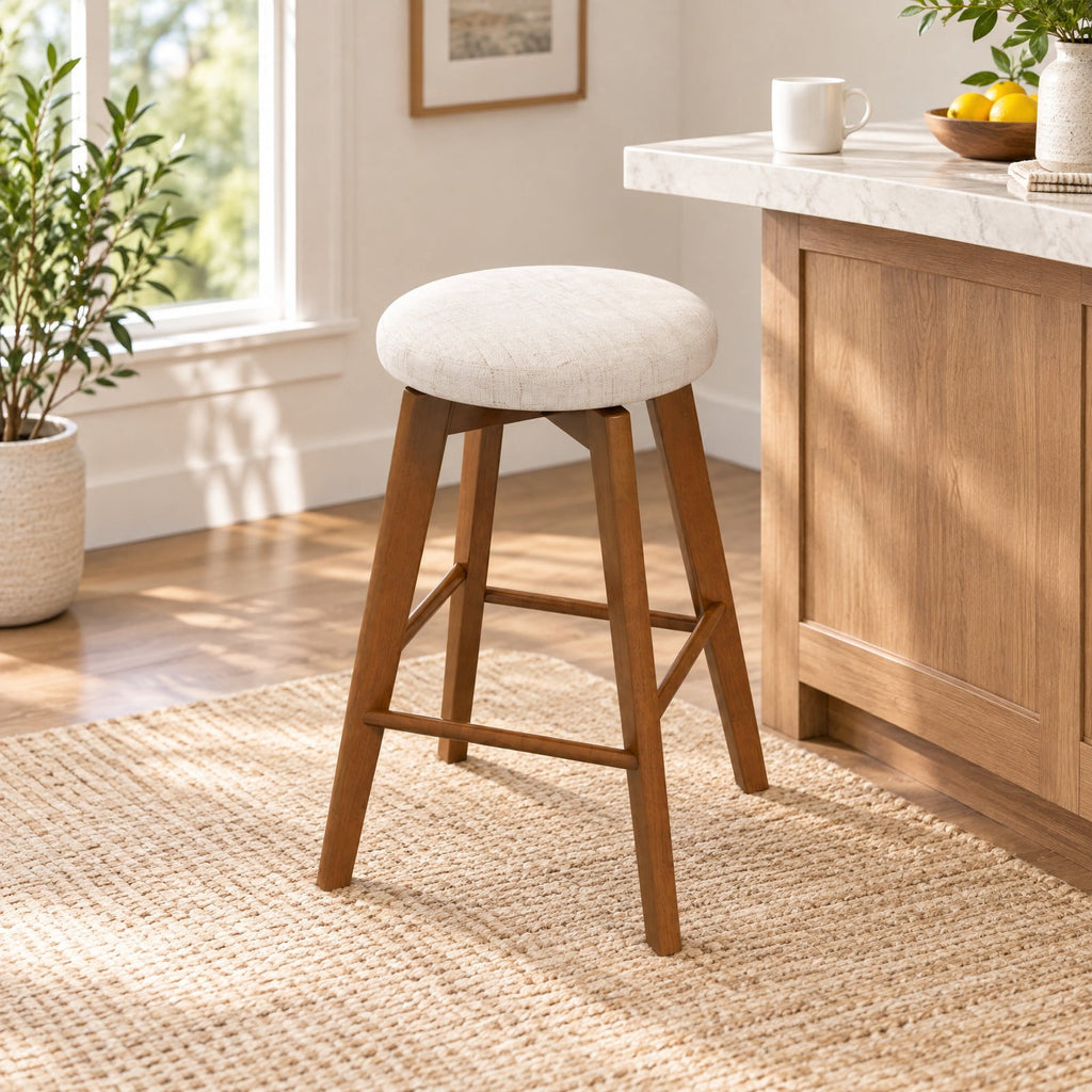 Airfind 2 Pieces 26 Inch Backless Swivel Barstools with Linen Fabric Seat, 330 lbs Capacity, Linen Fabric Sponge Rubber Wood Metal Frame, Beige