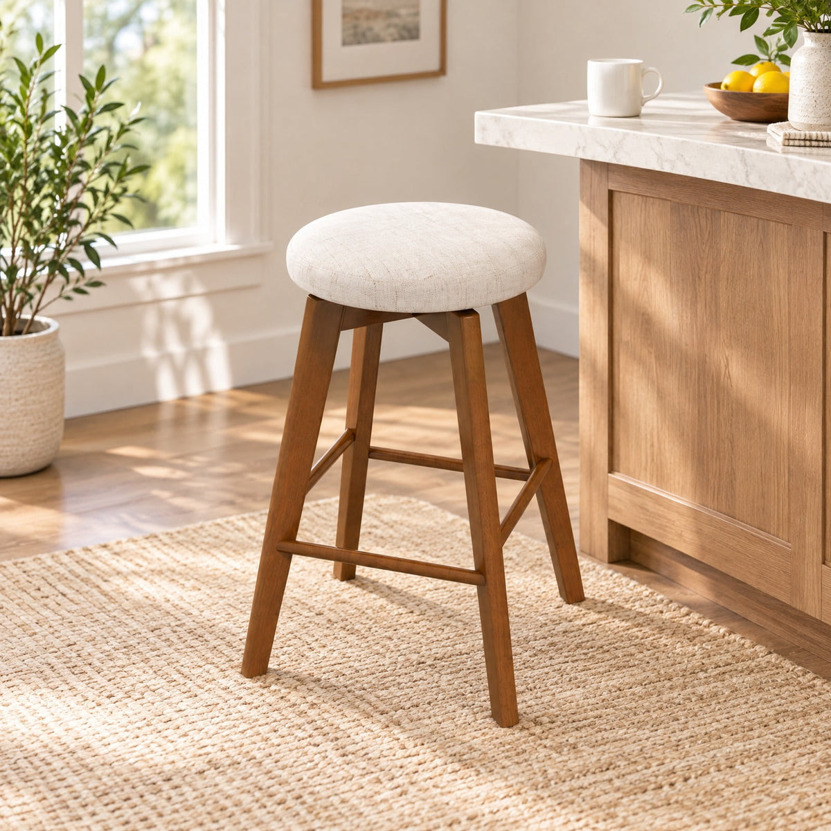 Airfind 2 Pieces 26 Inch Backless Swivel Barstools with Linen Fabric Seat, 330 lbs Capacity, Linen Fabric Sponge Rubber Wood Metal Frame, Beige