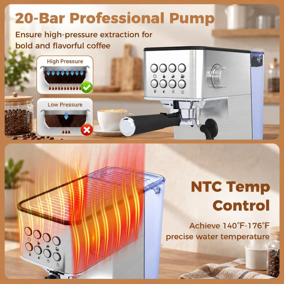 Airfind Espresso Machine 20 Bar Compact Stainless Steel Coffee Maker with Milk Frother, PP ABS Stainless Steel for Convenient Everyday Use, Silver