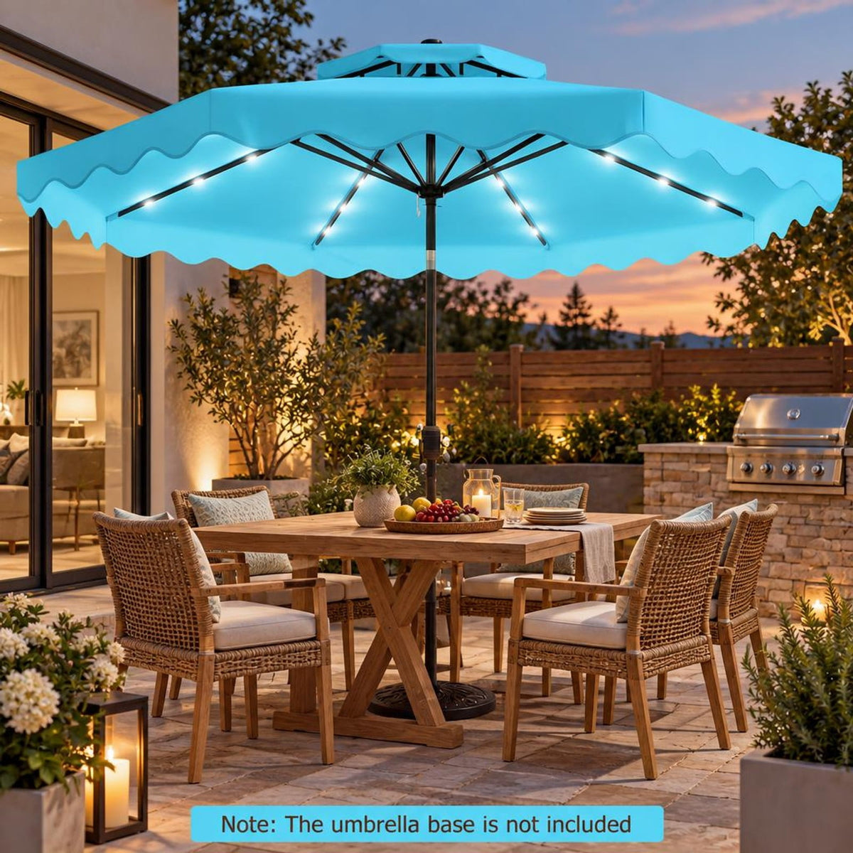 Airfind 9 FT Solar LED Patio Umbrella Push-Button Tilt and Crank 24 LED Lights and 8 Ribs, Polyester Fabric Metal Frame, 9 x 8.2 ft Footprint