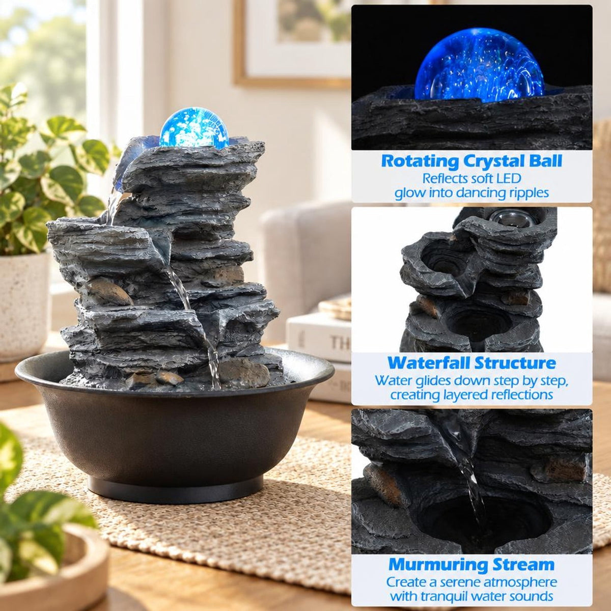 Airfind Tabletop Water Fountain with Rolling Crystal Ball and Color-Changing LED Light-C, PP Resin Fiberglass Style A Frame, 8.5 x 10.5 Footprint