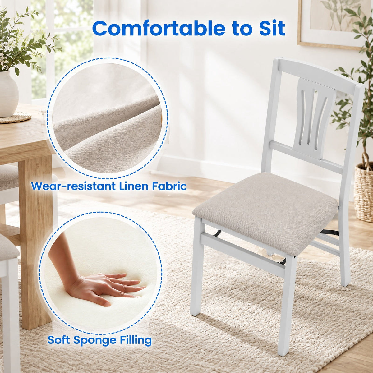 Airfind Folding Kitchen Chairs Set of 4 Upholstered Dining Chairs with Comfy Padded Seats, 375 Lbs Capacity, 21 Inch X 17 Inch X 34.5 Inch, White