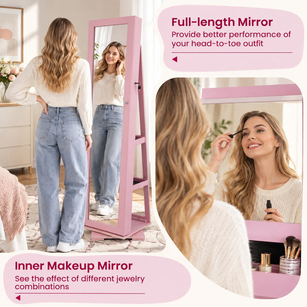 Airfind 360° Rotatable 2-in-1 Lockable Jewelry Cabinet with Full-Length Mirror, P2 MDF, 15 Inch x 15 Inch x 63.5 Inch (L x W x H) External, Pink