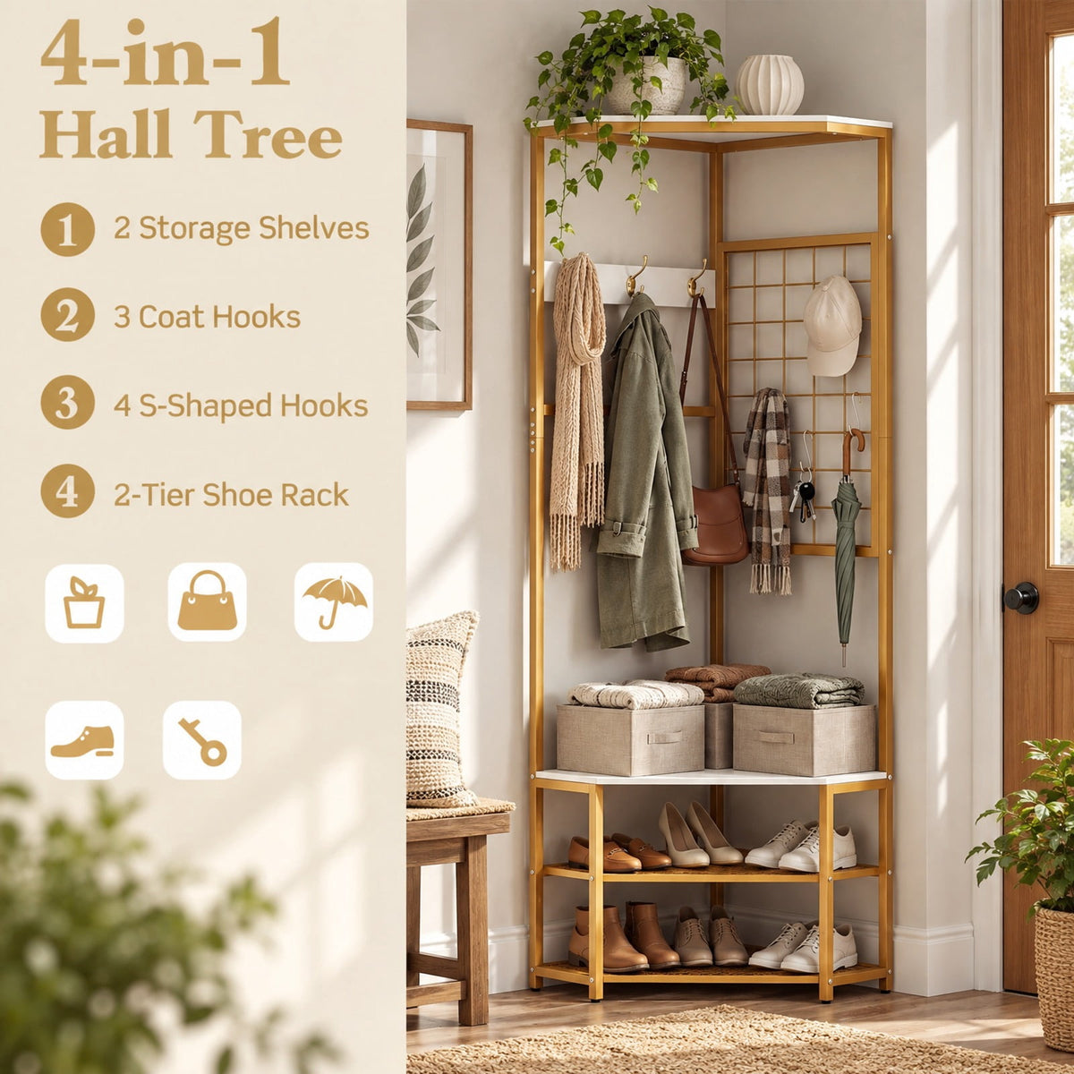 Airfind Corner Hall Tree Freestanding Coat Rack with Storage Shelves Removable Hooks, 220 lbs Capacity, Engineered Wood Metal Frame, White