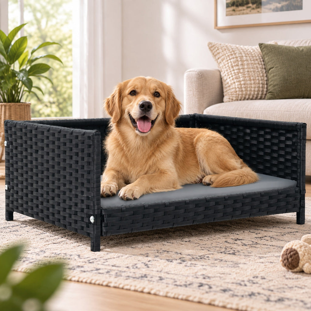 Airfind Rattan Dog Bed with Waterproof Soft Cushion for Medium Small Dogs Cats, 66 lbs Capacity, 24.5in x 18in x 10in Footprint, Gray