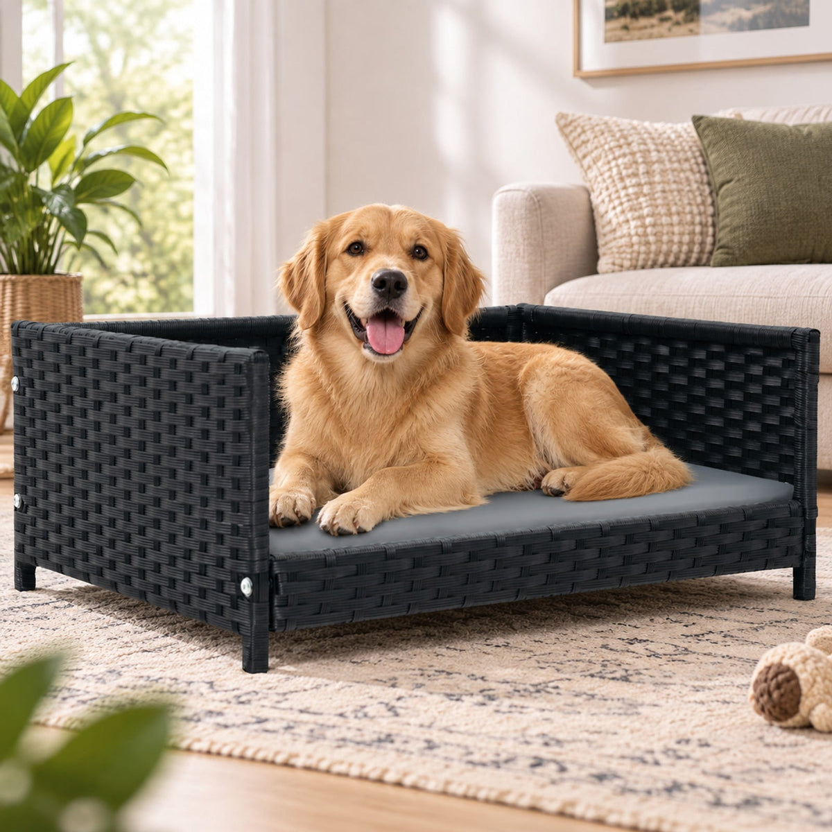 Airfind Rattan Dog Bed with Waterproof Soft Cushion for Medium Small Dogs Cats, 66 lbs Capacity, 24.5in x 18in x 10in Footprint, Gray
