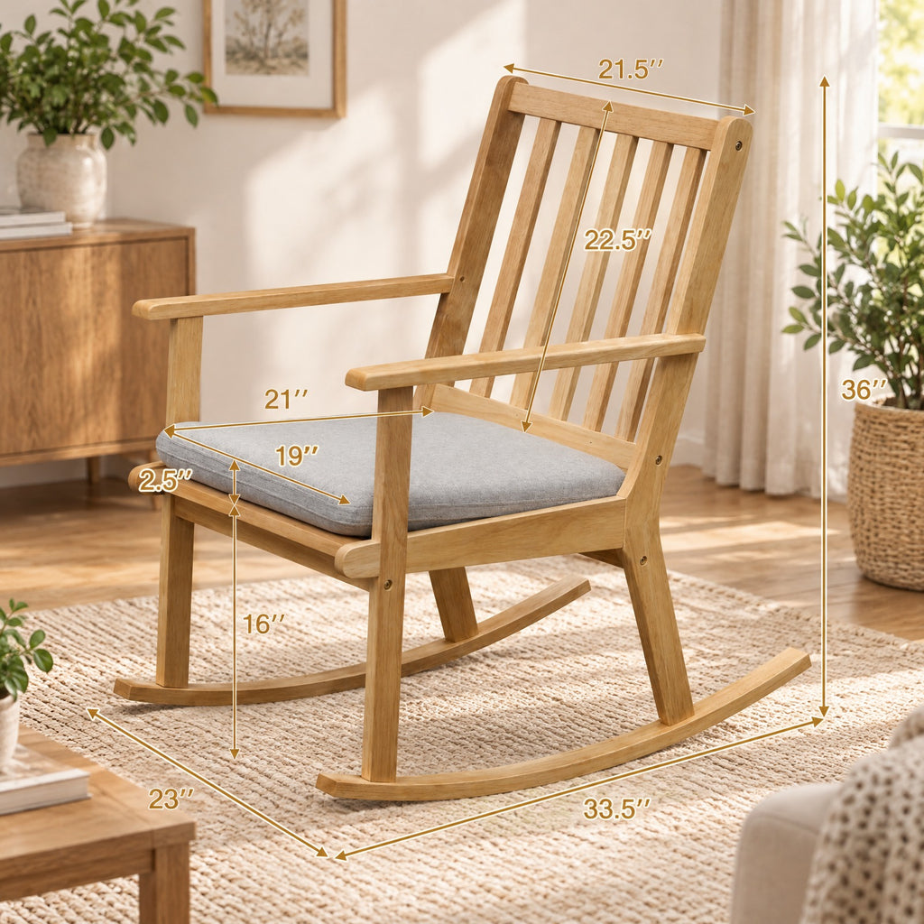 Airfind Rocking Chair with Cushion Solid Rubber Wood Rocker with Padded Seat, 160 kg Capacity, Rubber Wood Fabric Sponge Frame, Natural