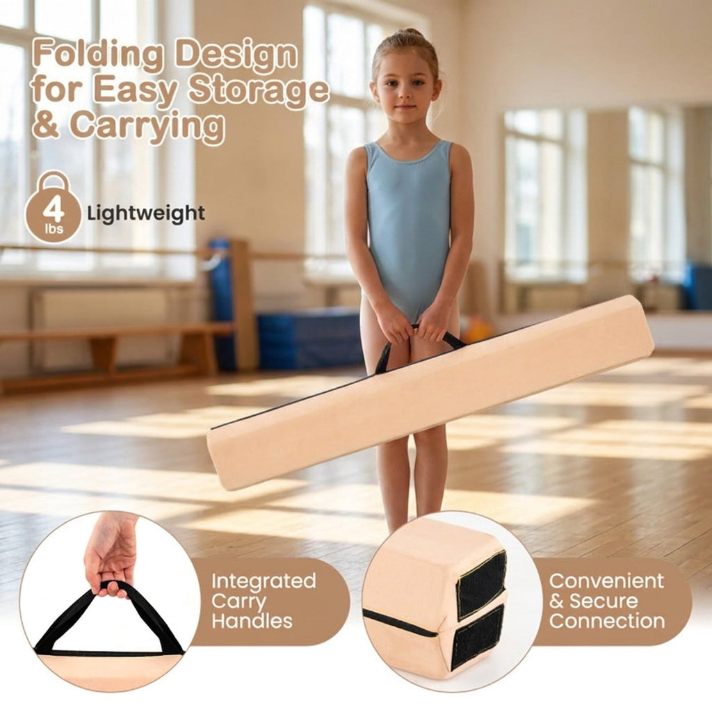 Airfind 7 ft Folding Wide-Top Balance Beam with EVA Foam, Zippered Suede Cover and Hook-Loop Linking, Khaki